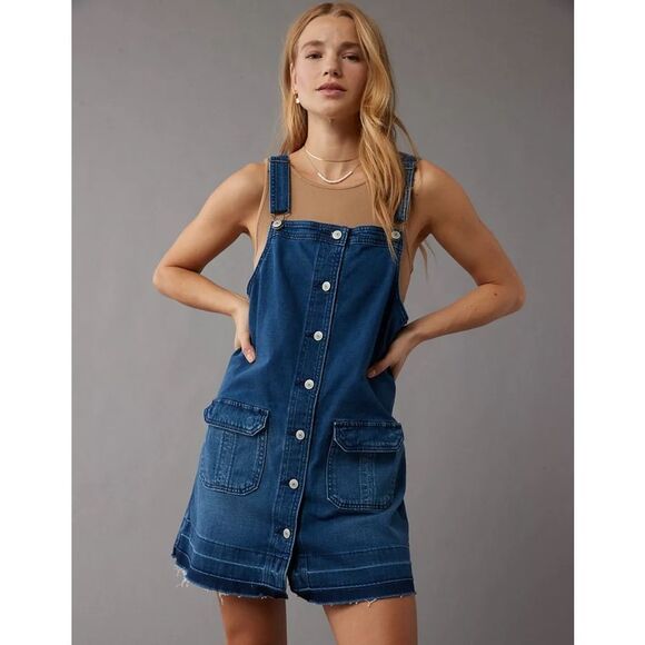 American Eagle Outfitters Dresses & Skirts - AMERICAN EAGLE Women’s Blue Sleeveless Denim Button Front Pinafore Dress XS